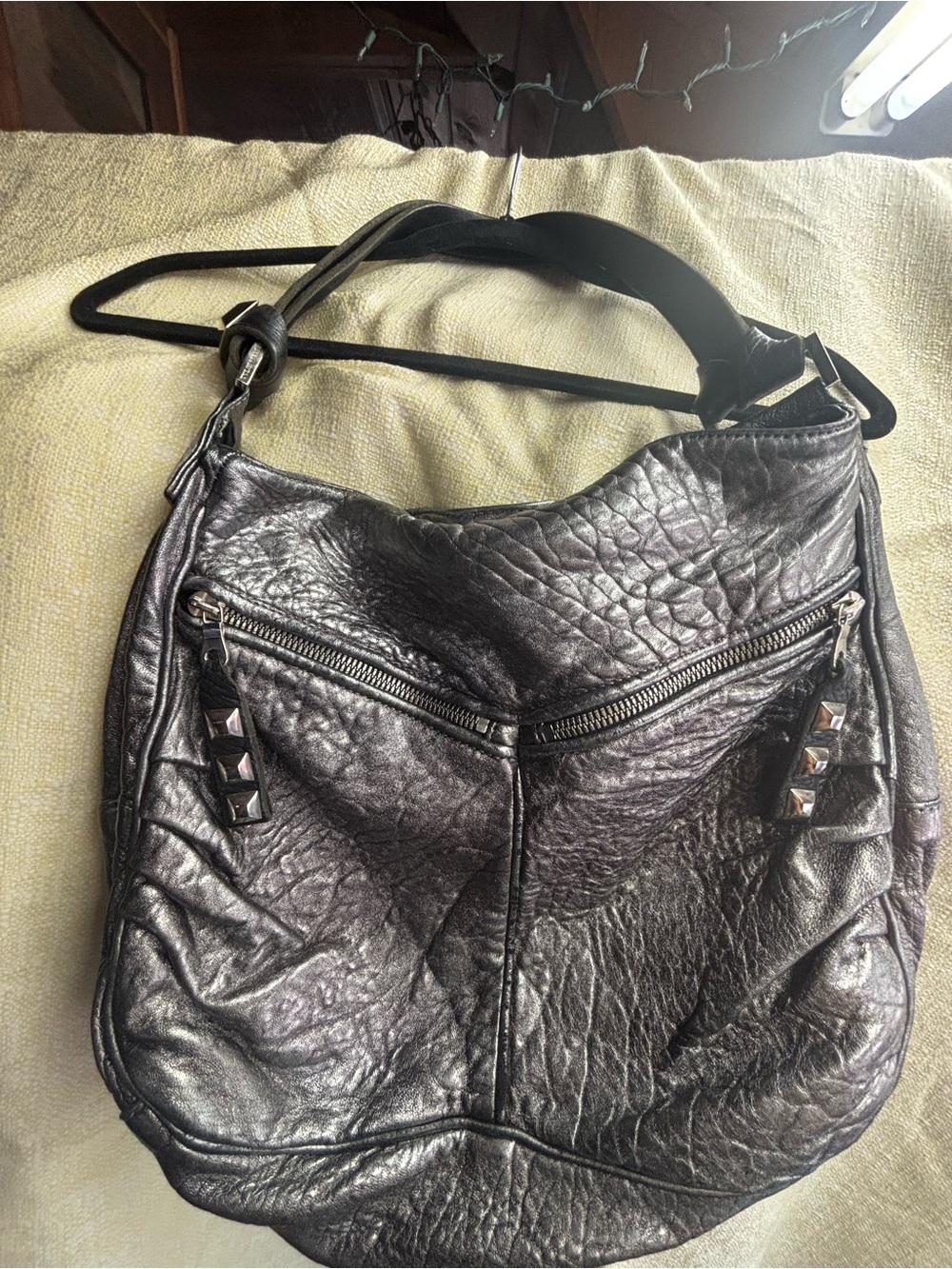 Tylie Malibu Metallic Silver-Black Textured Hobo Shoulder Bag